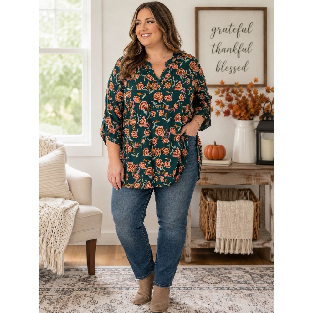 Dear Scarlett Lizzy Tunic Blouse 2X Teal Green Floral Long Sleeve Boho Plus